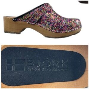 Bjork Swedish Comfort Clogs Peace Sign‎ Paisley Wood Heel Women Size EU36/ US6